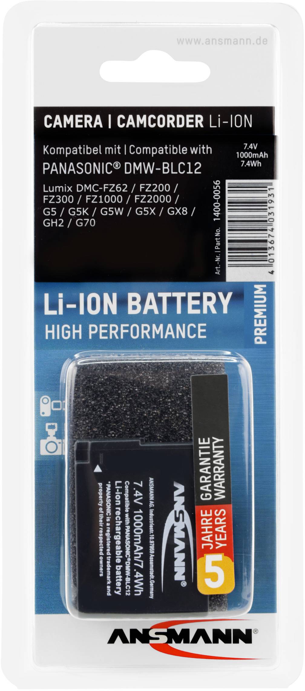 A black Li-Ion battery in packaging, compatible with Panasonic cameras such as Lumix DMC-FZ62. Capacity: 1000mAh.