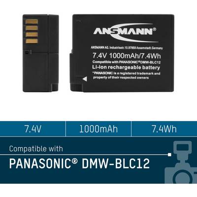 Black Lithium-Ion Battery, 7.4V, 1000mAh. Compatible with Panasonic DMW-BLC12. Manufacturer details are visible.