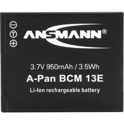 A black Li-Ion battery with the inscription 'ANSMANN'. It has a voltage of 3.7V, capacity of 950mAh/3.5Wh, model 'A-Pan BCM 13E'.