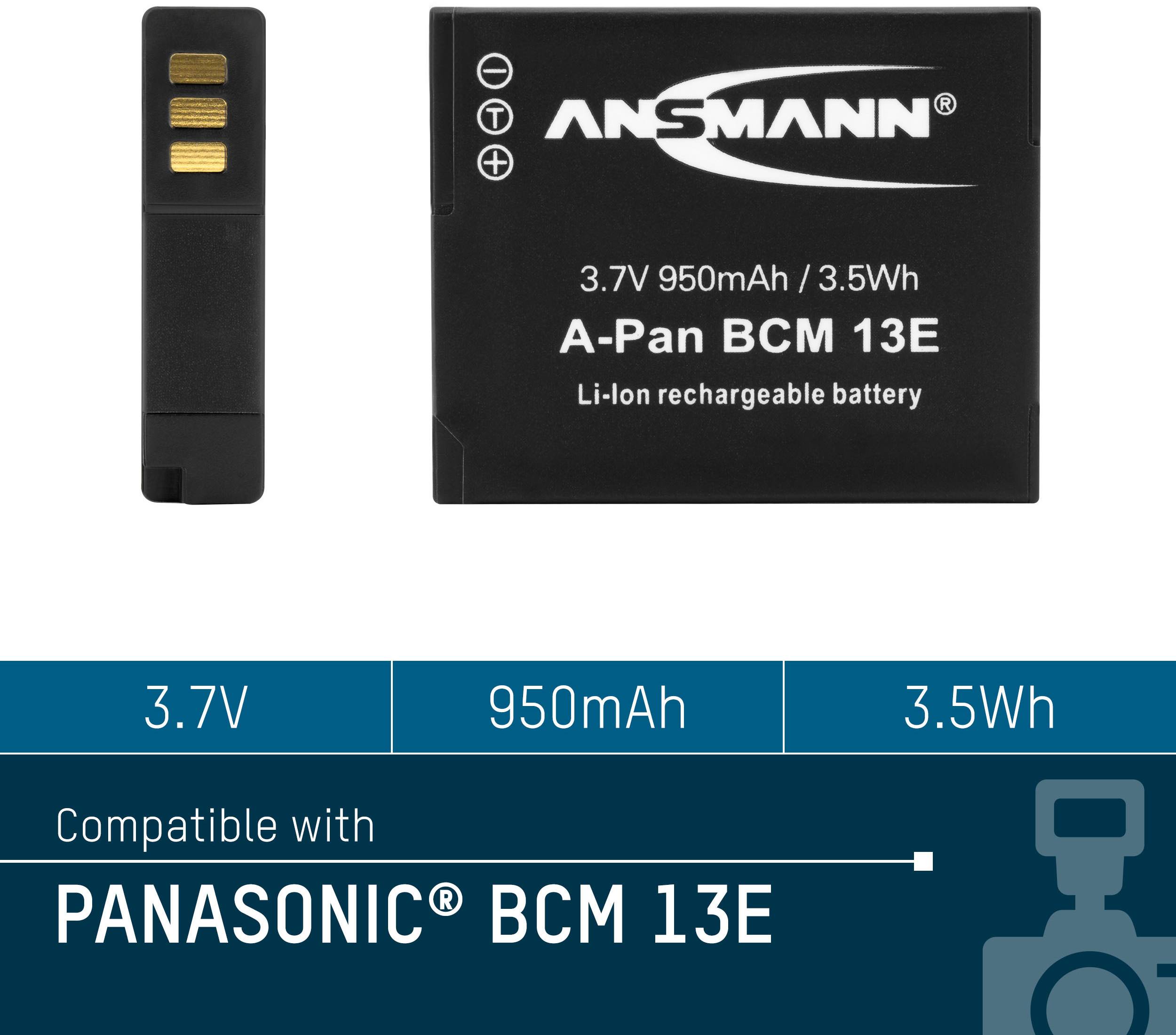 'Ansmann A-Pan BCM 13E Battery, 3.7V, 950mAh, 3.5Wh, compatible with Panasonic BCM 13E.'