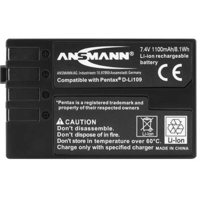 Battery with inscription 'ANSMANN, compatible with Pentax D-Li109, 7.4V, 1100mAh, 8.1Wh, Li-Ion, do not disassemble, do not store above 60°C'.