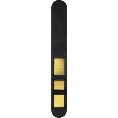 A black saxophone reed with three golden stripes, arranged horizontally. Ideal for musical instruments and jazz performances.