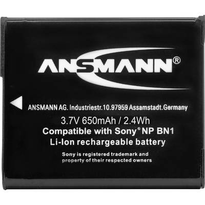 Black battery with white text: 'Ansmann, compatible with Sony NP BN1, 3.7V 650mAh/2.4Wh, rechargeable, manufactured in Germany.'