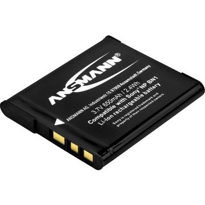 Lithium-ion battery with 'ANSMANN' label, 3.7V, 650mAh, compatible with Sony NP-BN1, black, showing three gold-plated contacts.