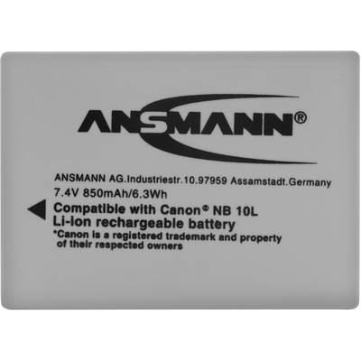 Battery pack with label: 'ANSMANN, compatible with Canon NB 10L, Li-Ion, 7.4V, 850mAh, 6.3Wh, manufactured in Germany'.