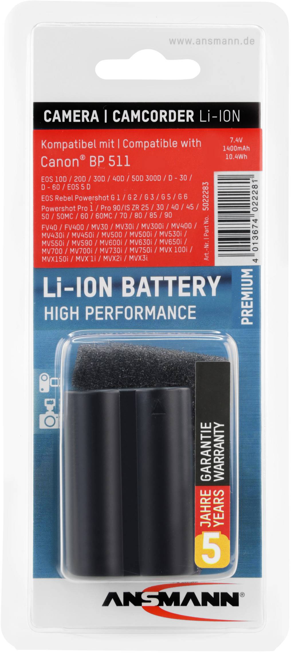 Li-Ion Camera/Camcorder Battery by Ansmann, compatible with Canon BP 511. 7.4V, 2200mAh. Packaging displays product and five-year warranty.