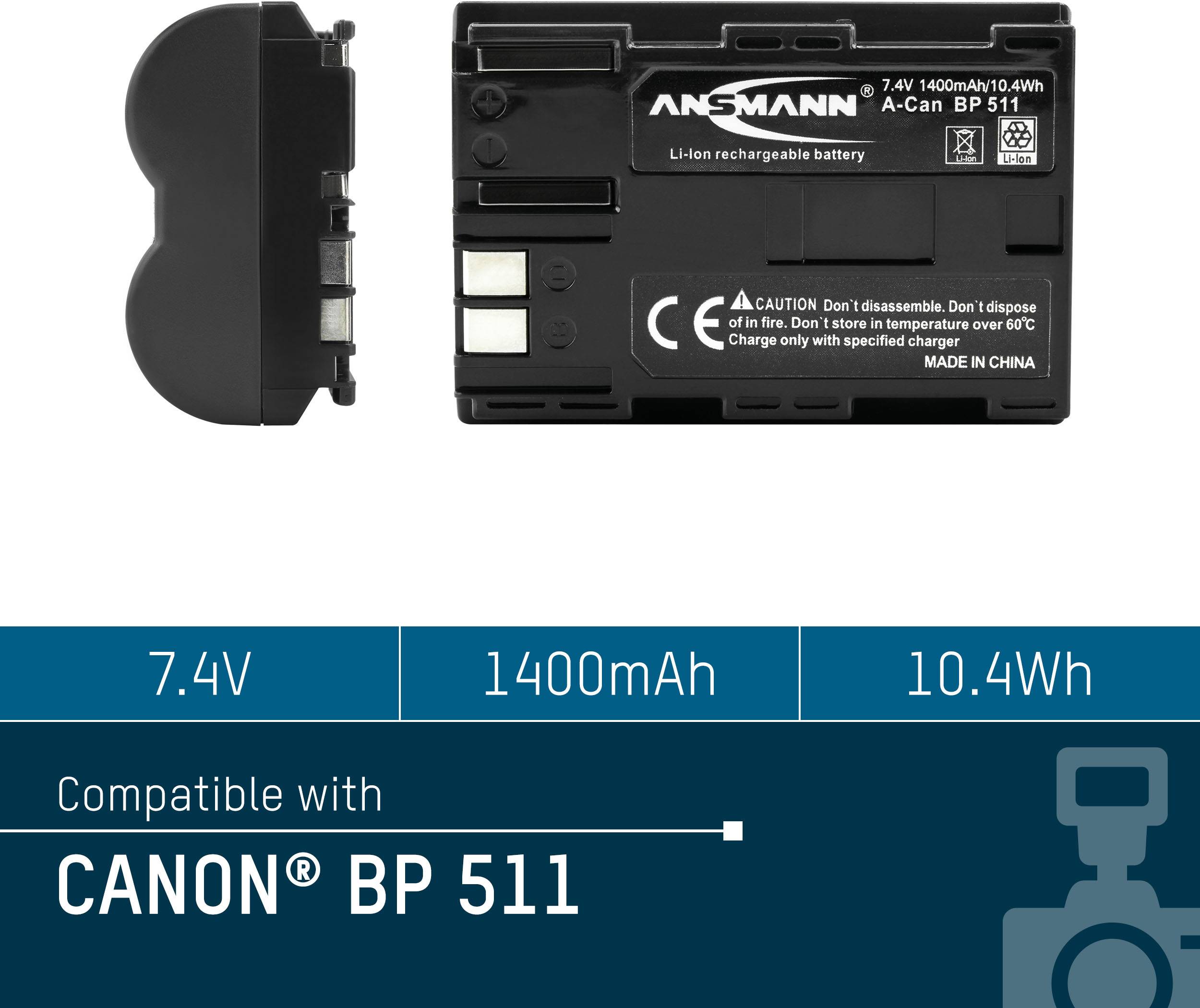 Lithium-ion battery (7.4V, 1400mAh, 10.4Wh), compatible with Canon BP 511, with safety and manufacturing details.