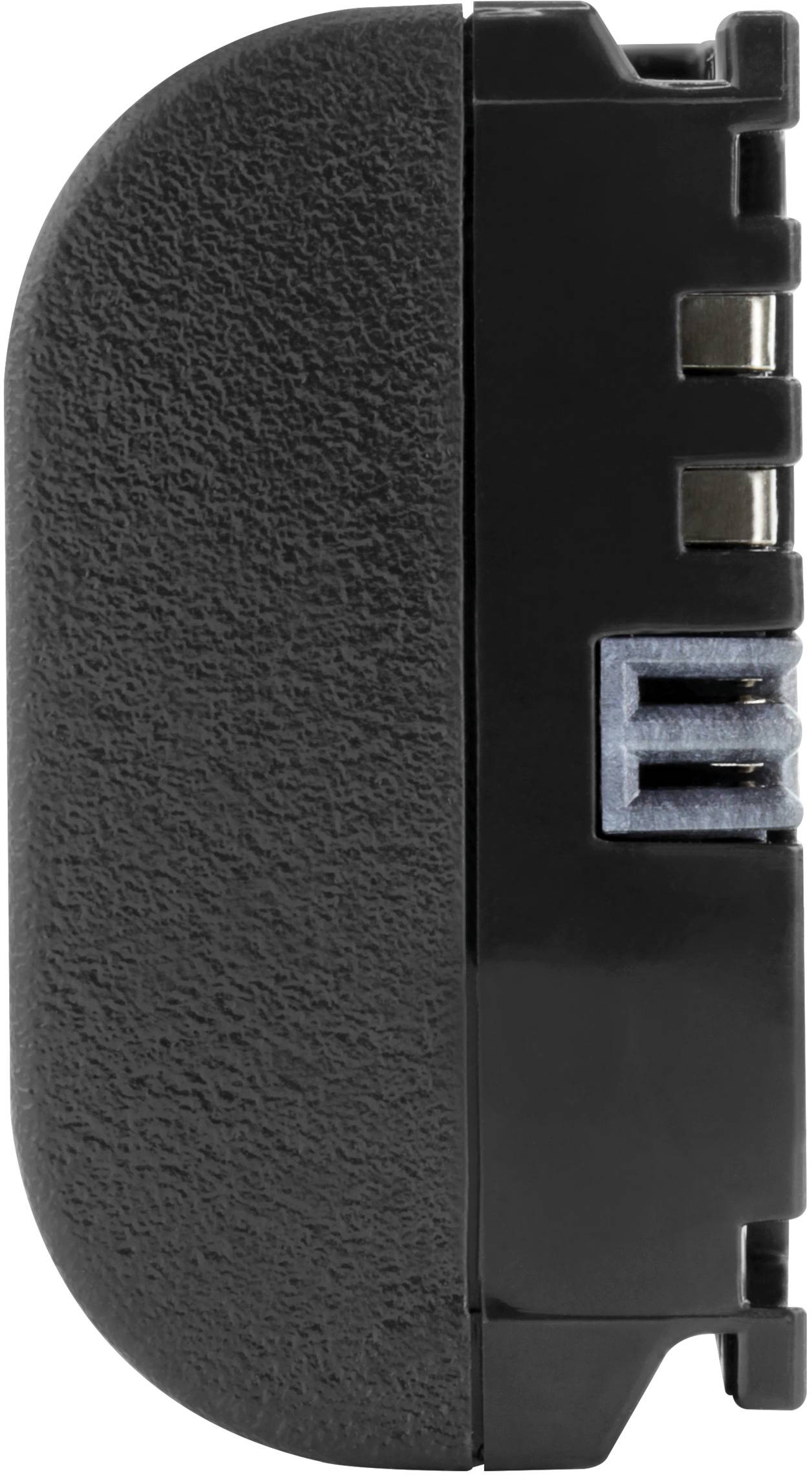 Black plastic plug adapter, side view, with USB port.