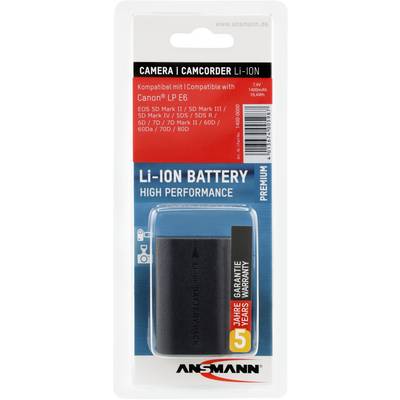Packaging of an Ansmann Li-Ion Camera Battery, compatible with Canon LP E6 Models, 7.4V, 1800mAh, 5 years warranty.