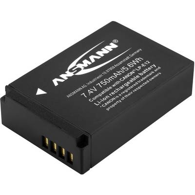 Black battery by ANSMANN with the prints '7.4V 750mAh 5.6Wh' and 'Compatible with Canon LP-E12'.