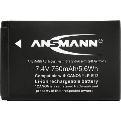 Li-Ion battery by ANSMANN, 7.4V 750mAh/5.6Wh, compatible with Canon LP-E12, black, company address printed.'