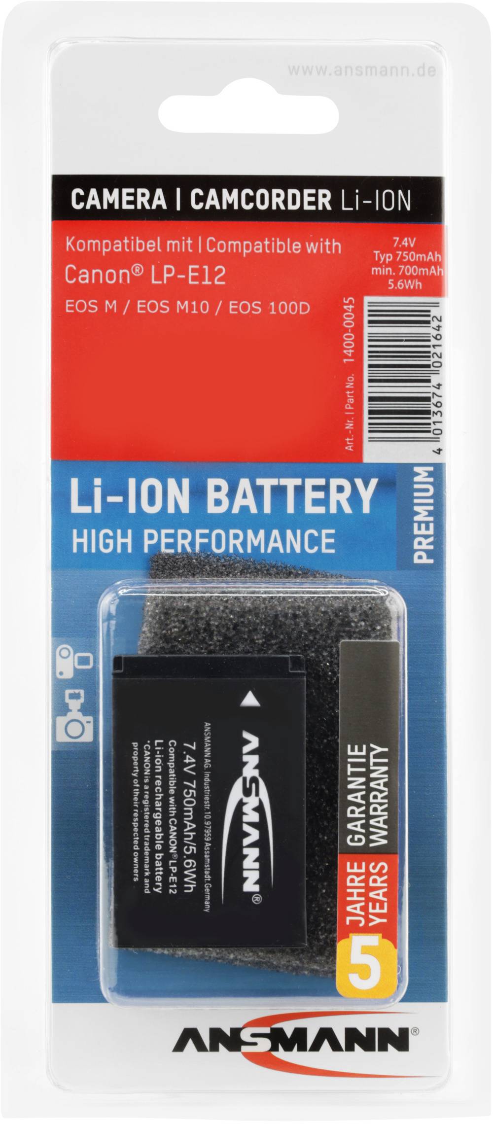Ansmann Li-Ion Battery, compatible with Canon cameras such as EOS M and EOS 100D. 7.4V, 700mAh. Packaged in a clear blister pack.