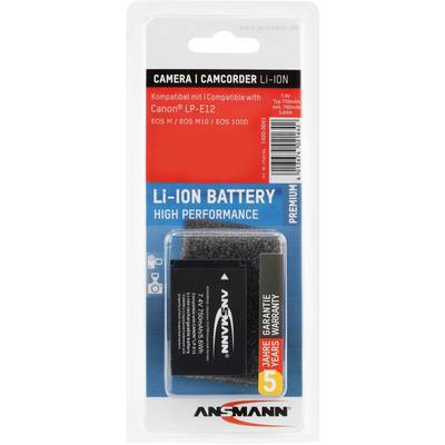 Ansmann Li-Ion Battery, compatible with Canon cameras such as EOS M and EOS 100D. 7.4V, 700mAh. Packaged in a clear blister pack.
