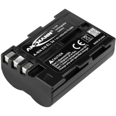 A black Ansmann lithium-ion battery with the designation 'A-NIK EN EL3E 7.4V 1500mAh 10Wh', CE-marked.