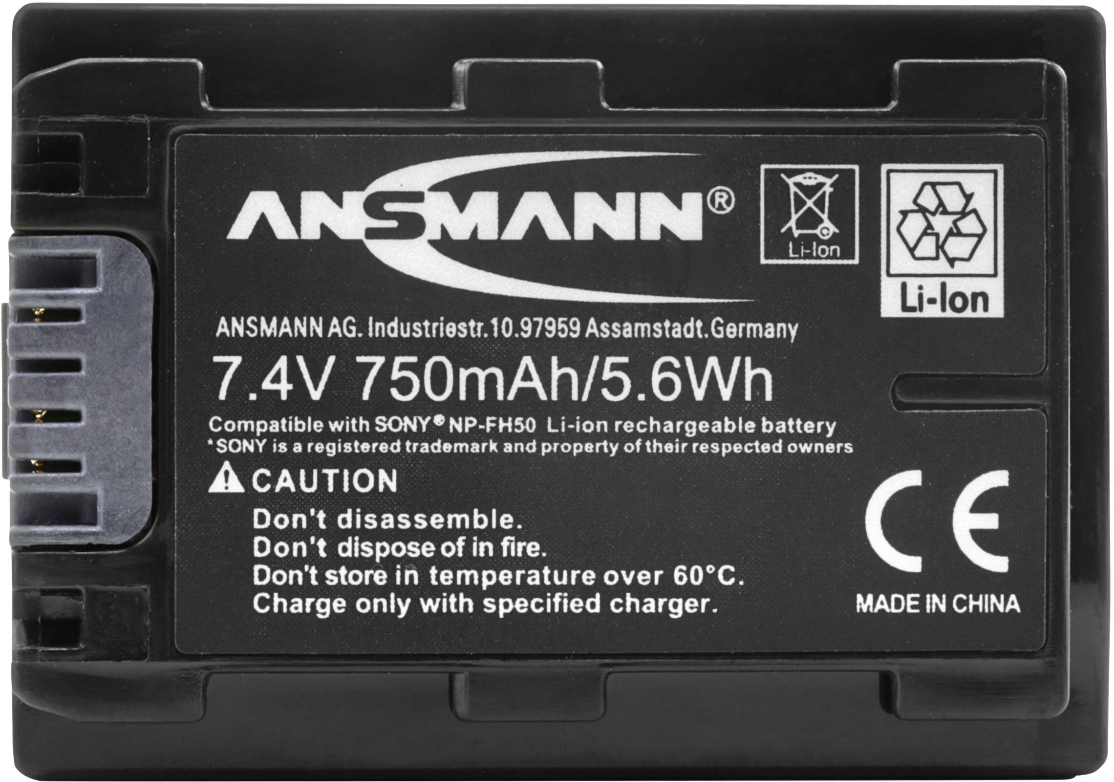 Ansmann battery, 7.4V, 750mAh, 5.6Wh, Li-Ion, compatible with Sony NP-FH50. Warning: Do not throw into fire or disassemble.