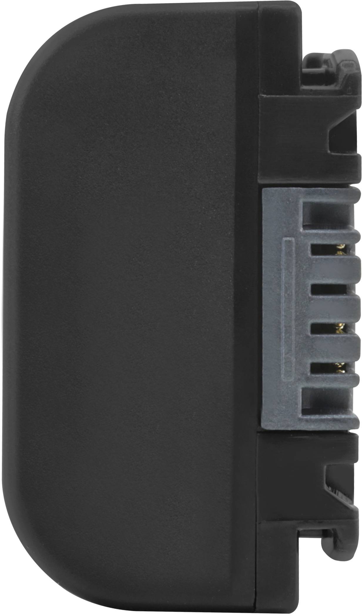 Black plastic replacement part with metal connections on the right, likely an electrical adapter or battery for a device.