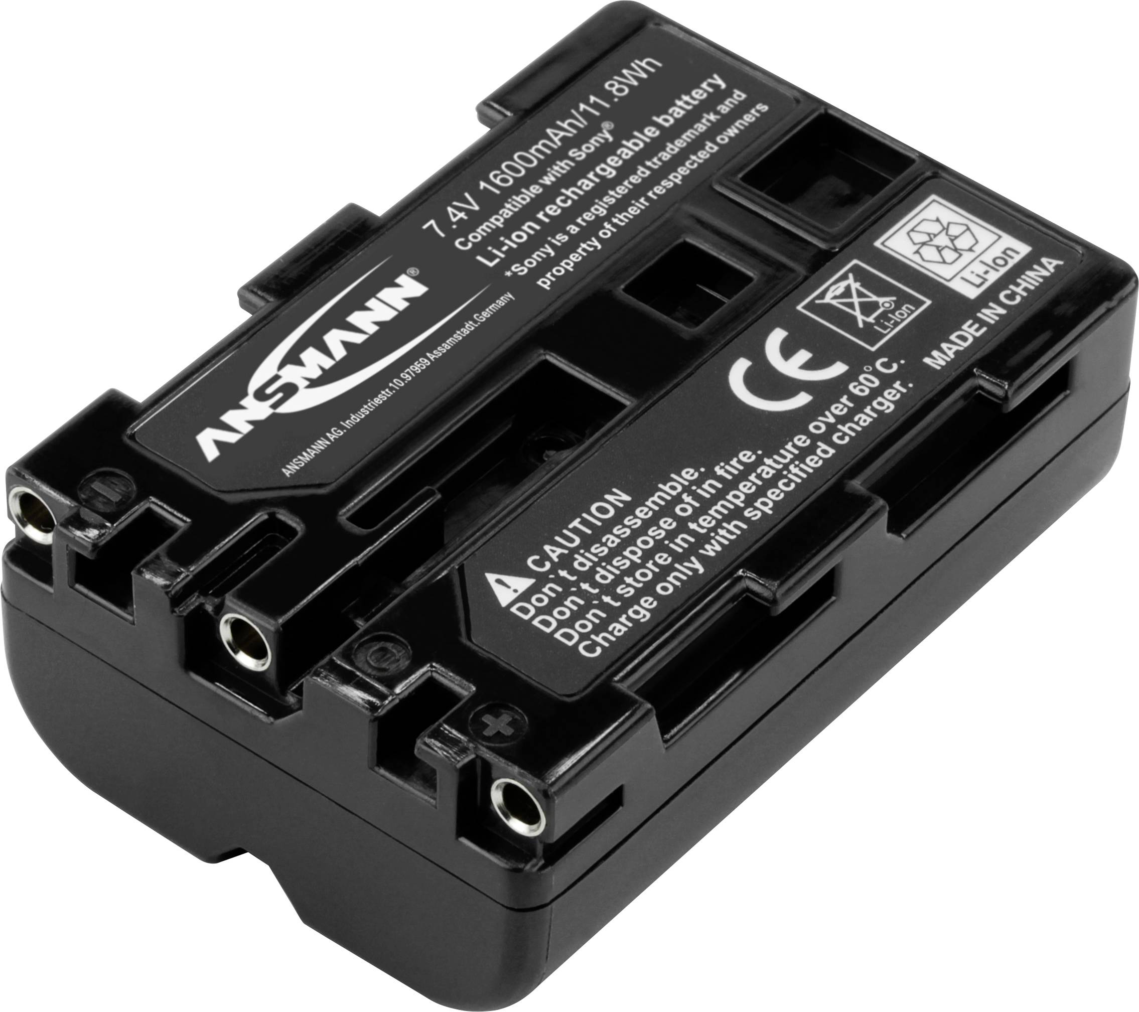 A rectangular, black Ansmann lithium-ion battery with 7.4V and 1600mAh capacity. Warning notices and CE marking are visible.