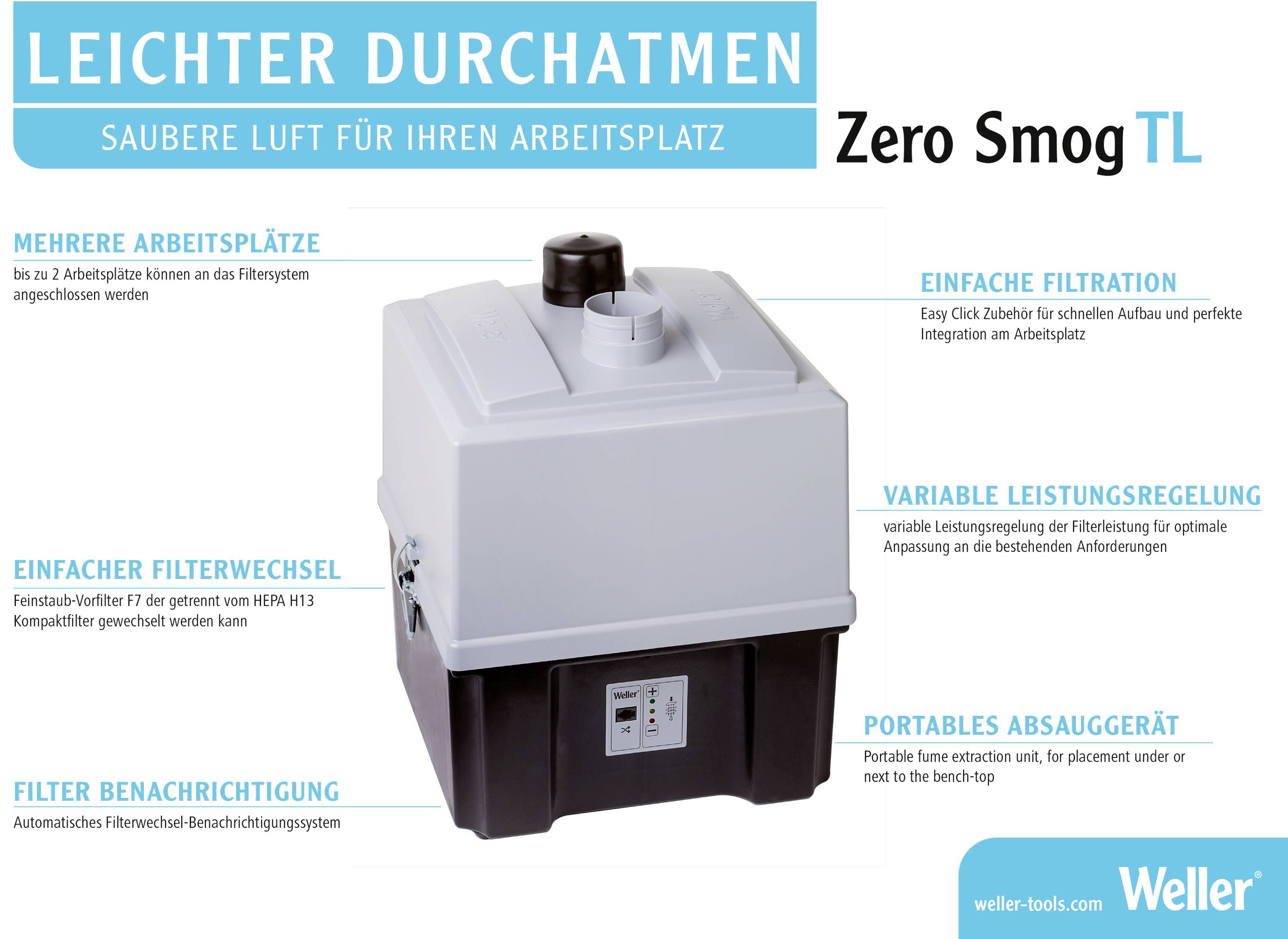 A white air filtration device with a black extraction unit and blue lettering: 'Breathe Easier - Clean Air for Your Workplace'. Brand name in the top right corner.