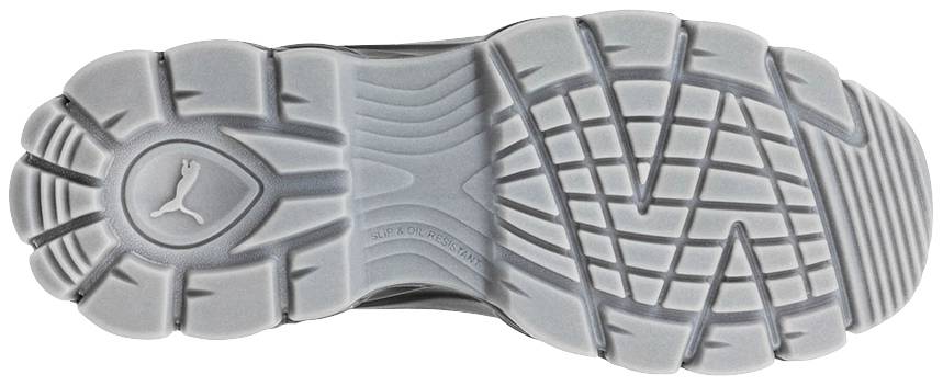 Bottom view of a sports shoe with a distinctive tread pattern and an animal logo mid-leap.