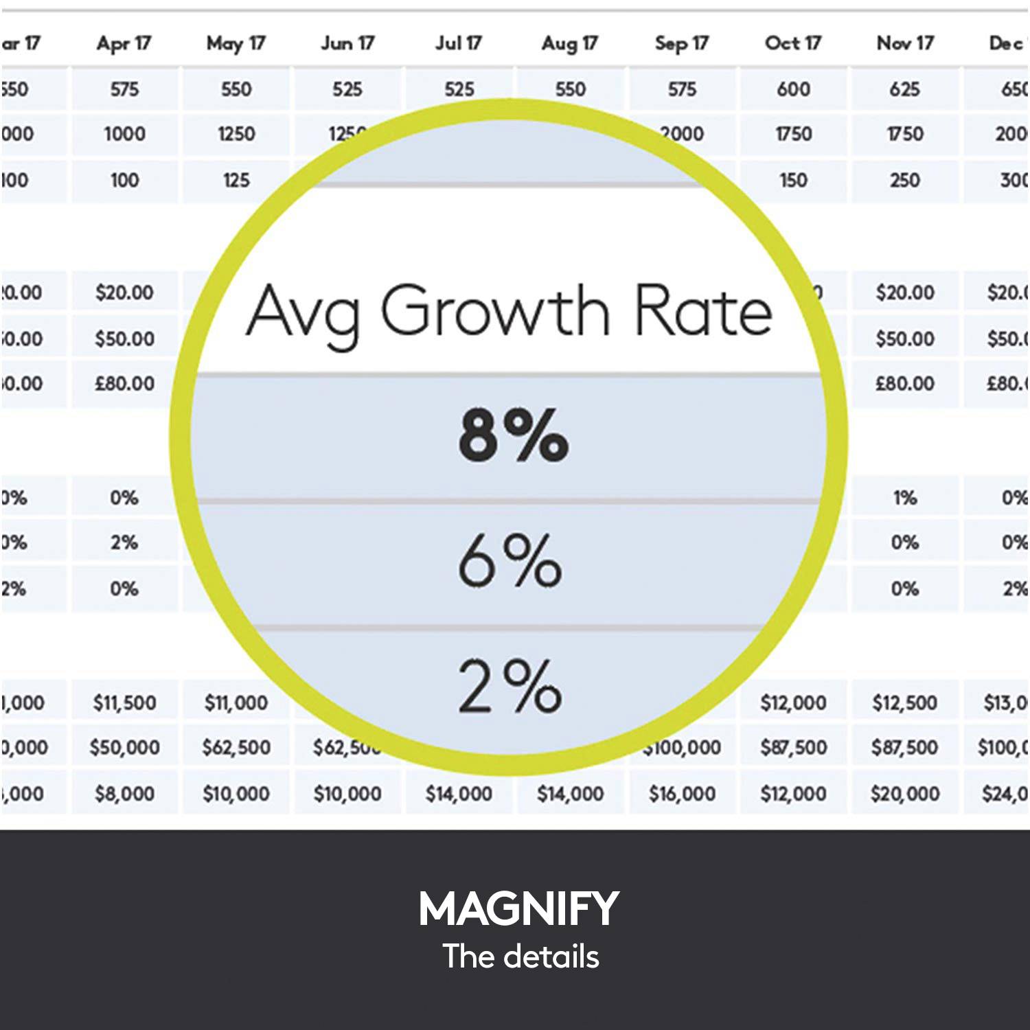 'Table of monthly income values from January to December. Highlighted average growth rates: 8%, 6%, 2%.'