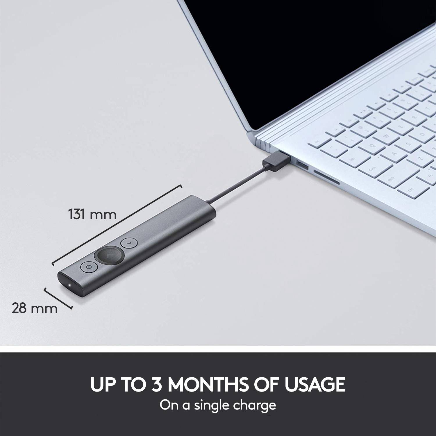 Remote control with dimensions 131 mm x 28 mm, connected to a laptop. Text below: 'Up to 3 months of usage with a single charge'.