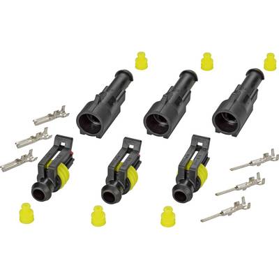 Various connectors and pins in black and yellow. Four black socket housings, four yellow seals, and eight metal pins.