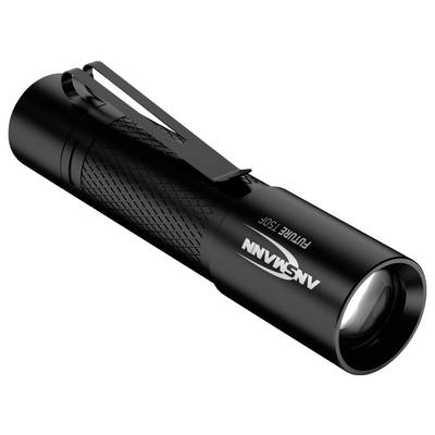 Torch in black with a clip, bearing the inscription 'ANSNANN' and 'FUTURE T150F'. It is compact and has a textured surface.
