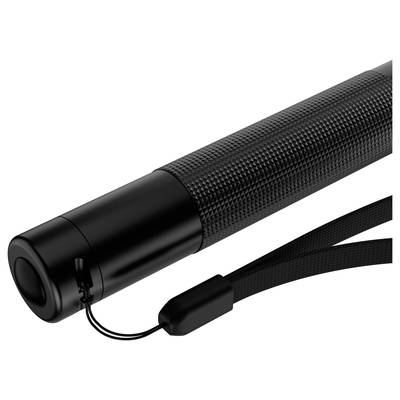 Black torch with textured surface and hand strap, side view.