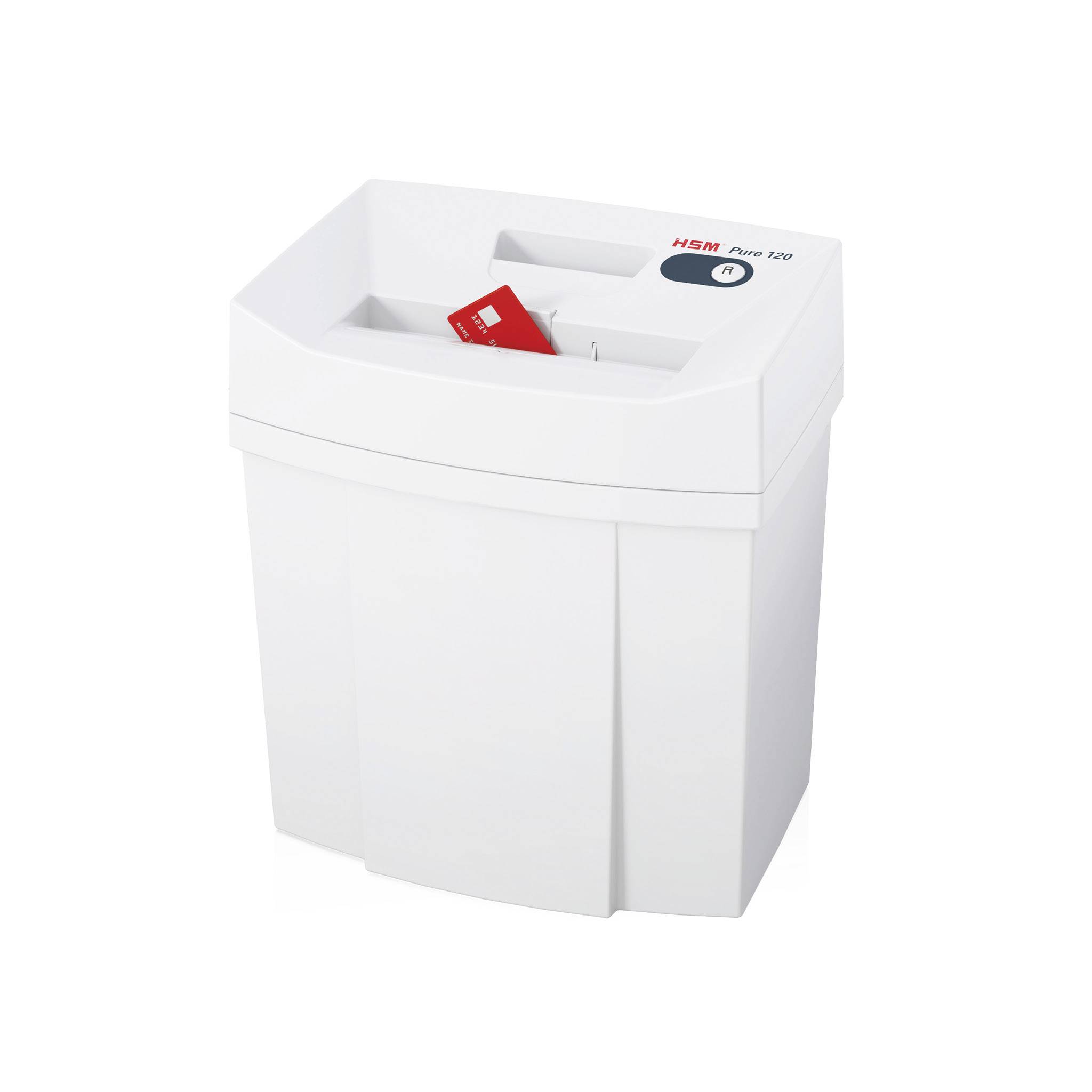 White paper shredder with a red sheet of paper in the slot, standing on a desk.