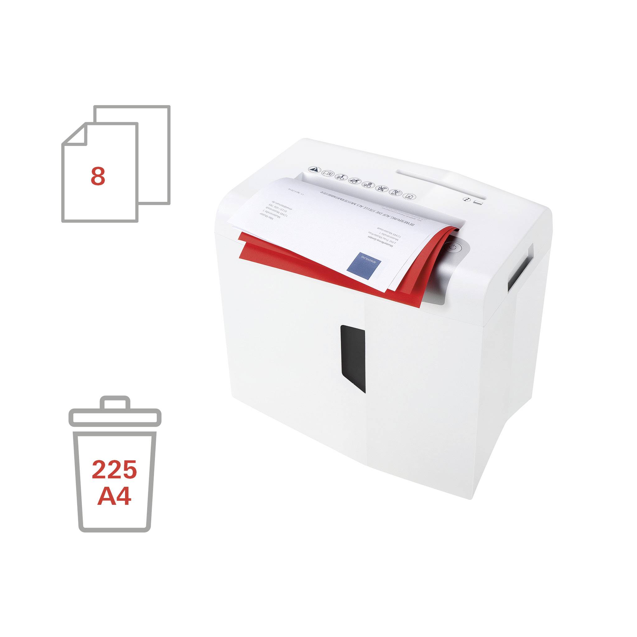 'White Paper Shredder with Red Paper: Capacity 8 Sheets, Collecting Bin for 225 A4 Sheets'