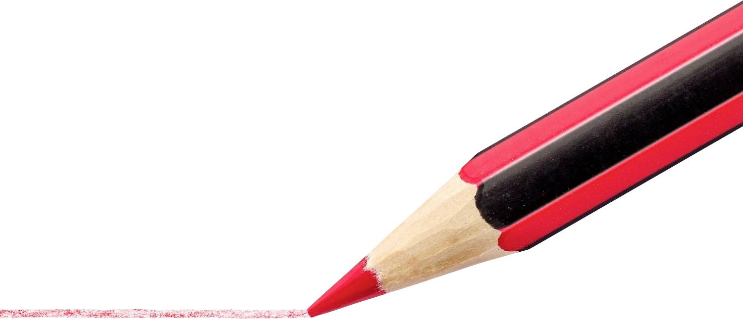 A red pencil with a black stripe draws a diagonal line on a white background.