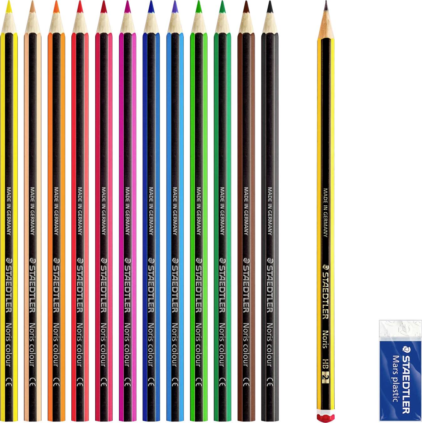 A set of twelve coloured pencils in various colours and a black HB pencil, next to an eraser packet.