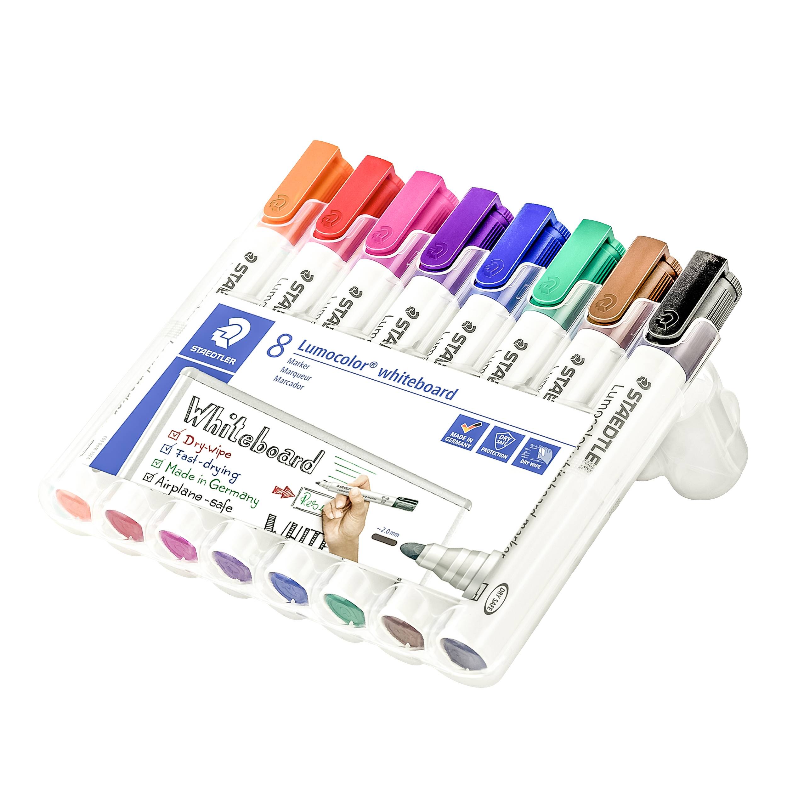 Eight coloured whiteboard markers in a packaging holder. The markers are in the colours Orange, Red, Pink, Purple, Green, Blue, Brown and Black.