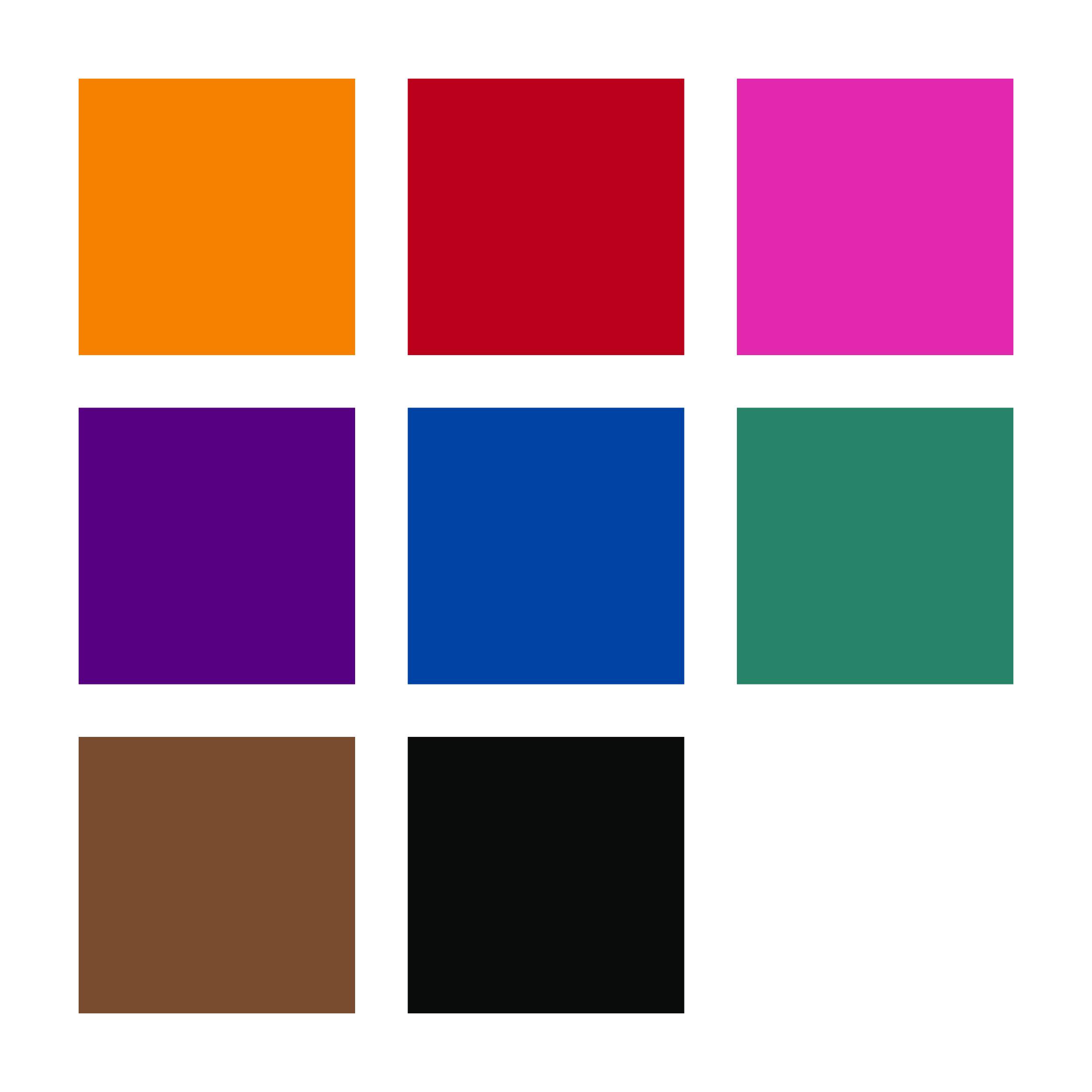 Nine coloured squares in three rows. Colours: Orange, Red, Pink, Purple, Blue, Green, Brown, Black. Arranged in a grid structure.