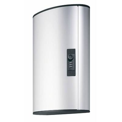 A modern, wall-mounted electric water heater in silver, with a small display and black details.