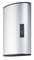A modern, wall-mounted electric water heater in silver, with a small display and black details.