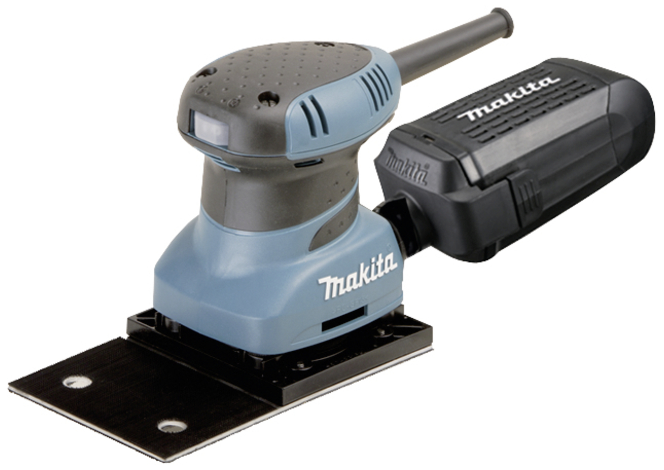 A blue, rectangular orbital sander by Makita, fitted with a handle and a black dust collection box.