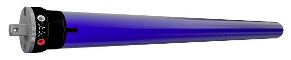 A blue, cylindrical tube motor with a black end cap, suitable for roller shutter systems and blinds.