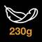 The image shows a white feather symbol above the orange number '230g' on a black background.