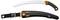 A curved handsaw with a sharp, serrated blade and ergonomic handle, alongside its matching sheath with a safety catch.