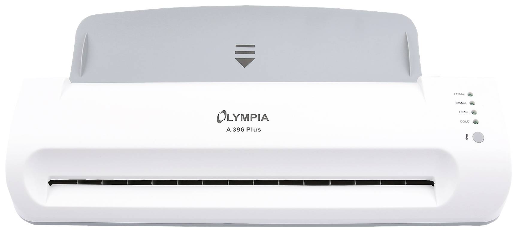 A white laminating machine by Olympia, model A 396 Plus, with a grey paper holder and a control panel with multiple indicator lights on the right-hand side.