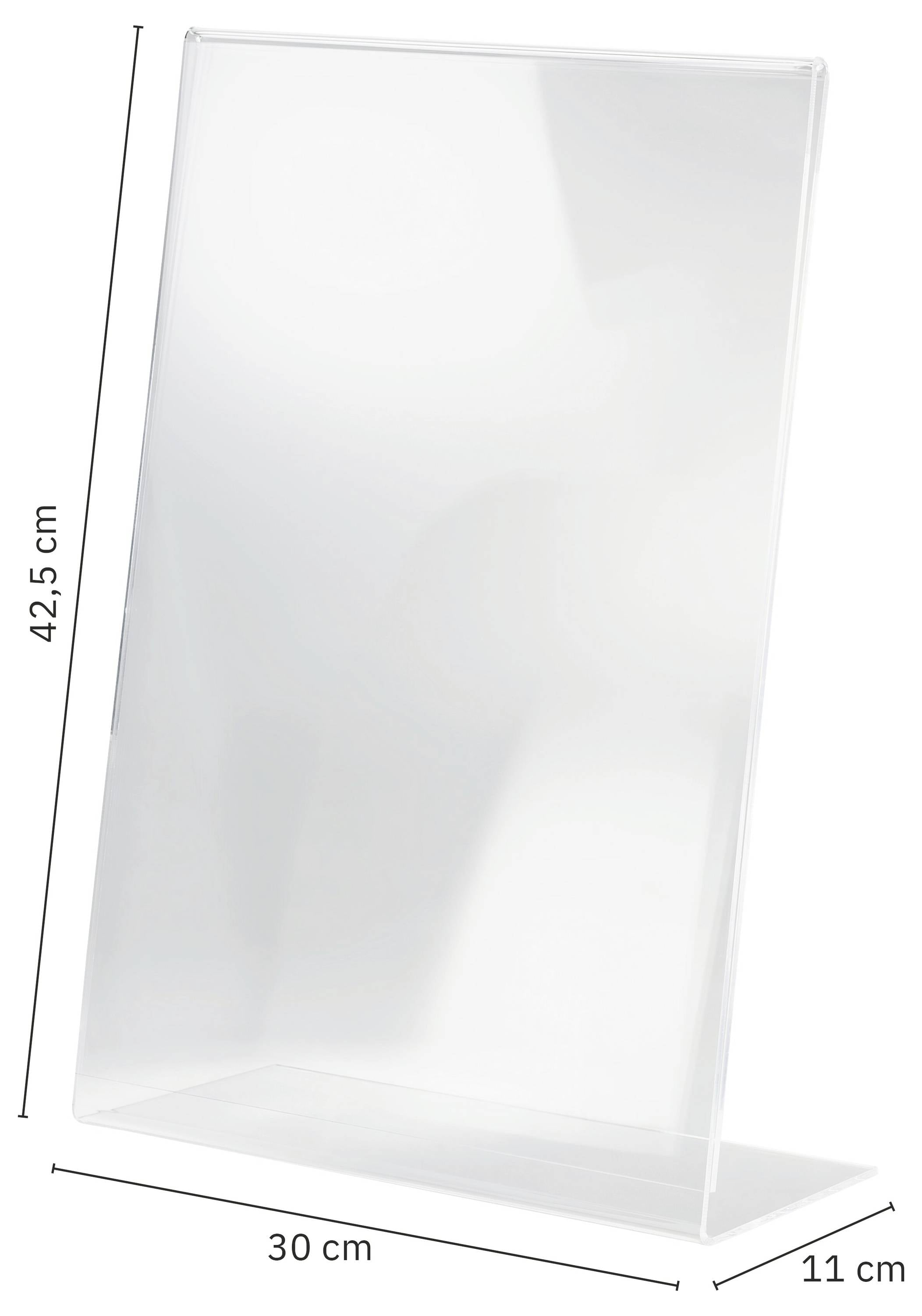 Clear plastic display box shown with dimensions: 42.5 cm tall, 30 cm wide, and 11 cm deep.