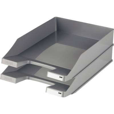 Two grey plastic storage trays, stackable with a slightly curved edge. Suitable for organising documents in the office.