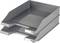 Two grey plastic storage trays, stackable with a slightly curved edge. Suitable for organising documents in the office.