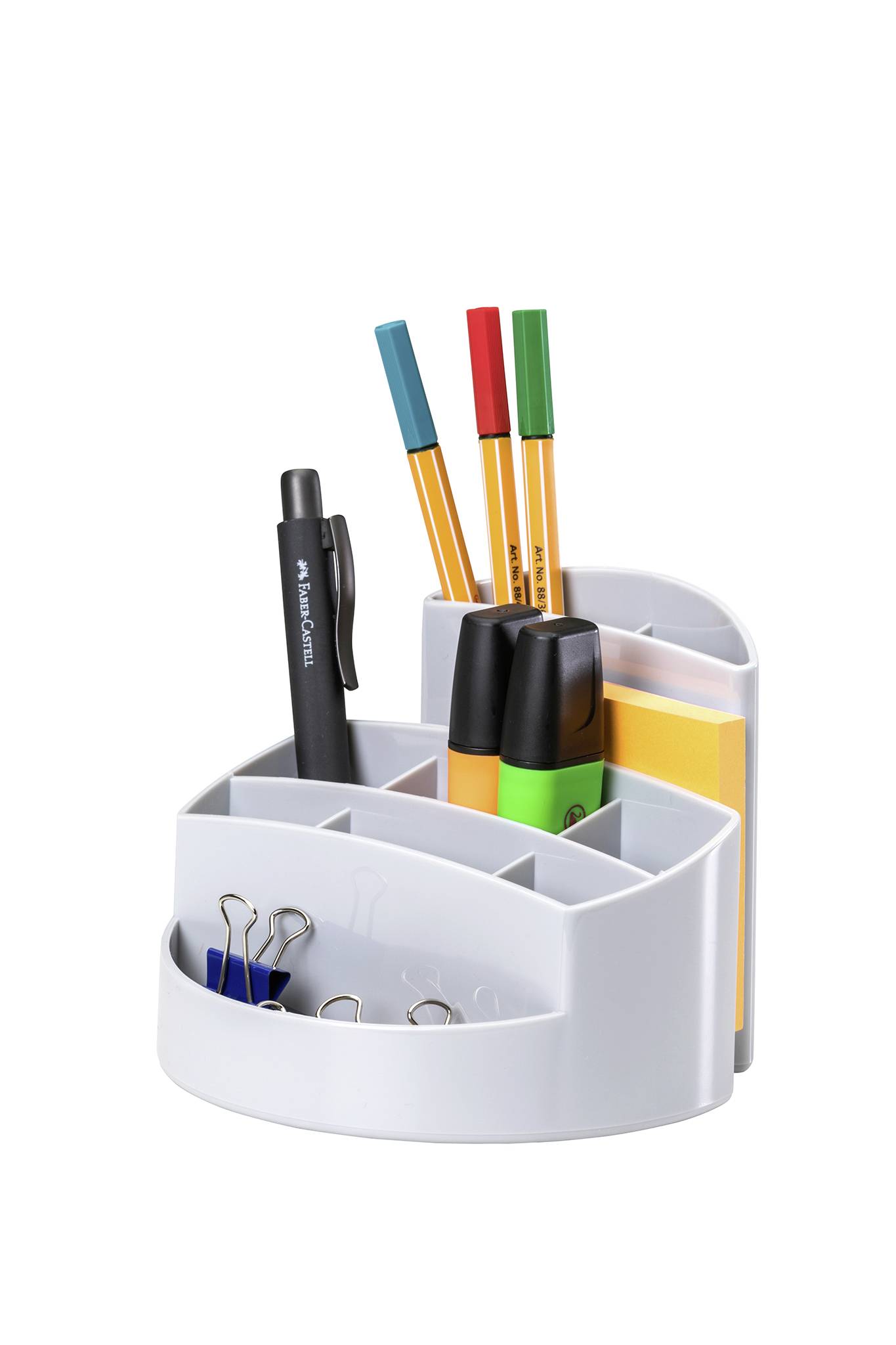 A white desk organiser with pens, highlighters, sticky notes, and paperclips, ensuring tidiness at the workplace.