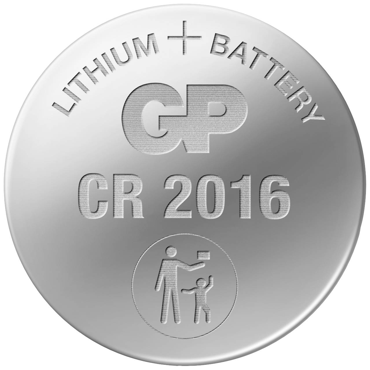 'Silver lithium battery, CR 2016, engraved with: GP, symbol of an adult protecting a child. Warning for safe use.'