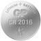 Silver button cell battery, marked with 'LITHIUM BATTERY GP CR 2016', with a pictogram of an adult protecting a battery from a child.