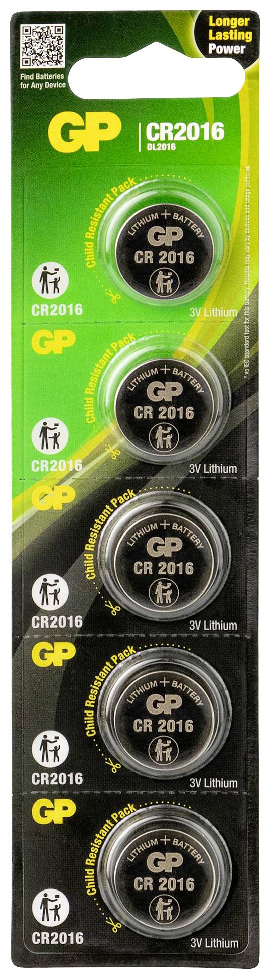 Five-pack GP CR2016 Lithium button cells for small electronics. Packaging shows five batteries with specification details.