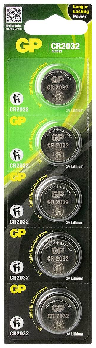Pack of five GP CR2032 lithium button cell batteries. Packaging displays usage areas and battery longevity.