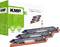'Three black toner cartridges in front of a KMP packaging, which promises 36 months' warranty and 100% compatibility.'